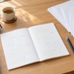 解き直しノートと数学演習プリントがある学習机