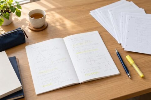 解き直しノートと数学演習プリントがある学習机