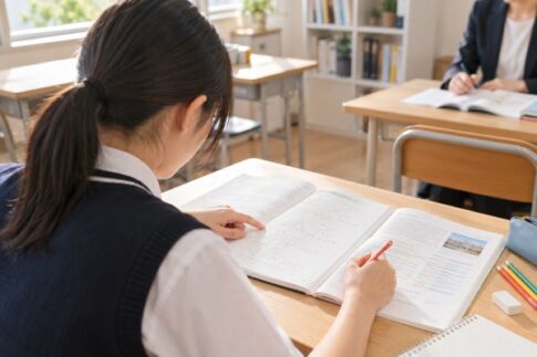 教材を見ながら色ペンで学習を進める高校生
